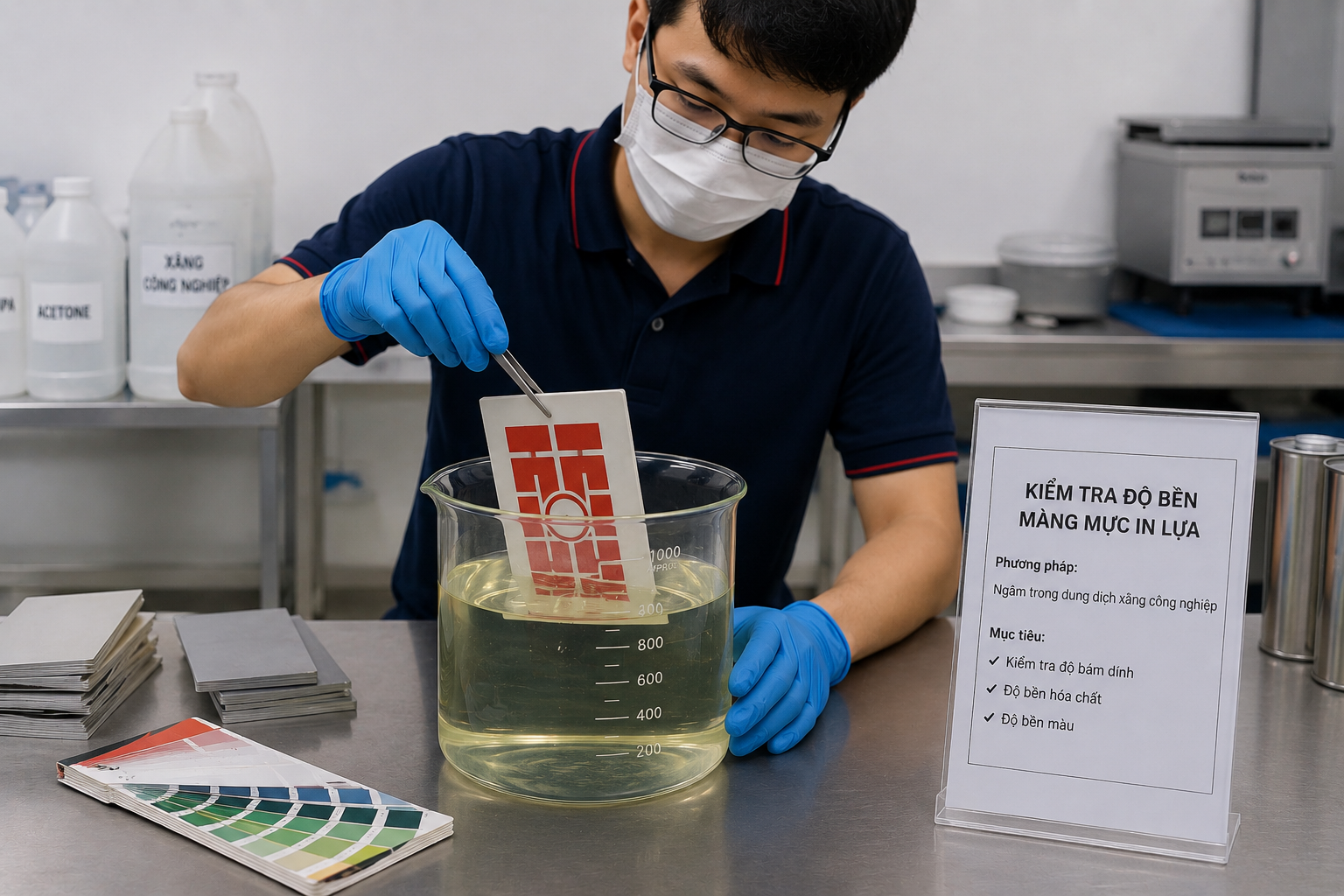 Thử nghiệm khả năng chịu dung m&ocirc;i của mực in lụa chống xăng dầu